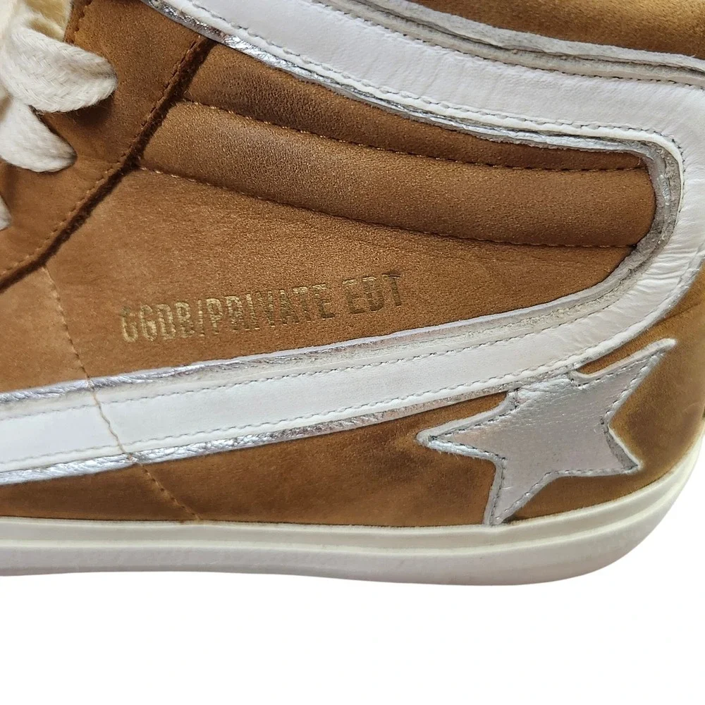 Golden Goose Slide Tan Suede Shearling Lined High Top Sneakers Silver Star 37